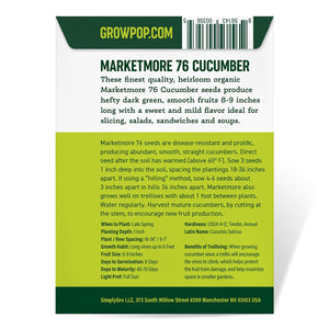 Purely Organic Marketmore 76 Cucumber Seeds - USDA Organic, Non-GMO, Open Pollinated, Heirloom, USA Origin, Vegetable Seeds