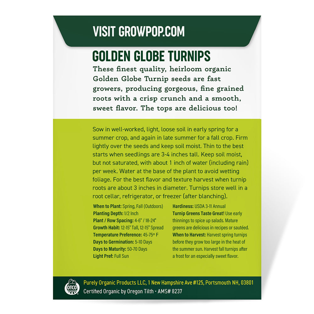 Purely Organic Golden Globe Turnip Seeds - USDA Organic, Non-GMO, Open Pollinated, Heirloom, Vegetable Seeds