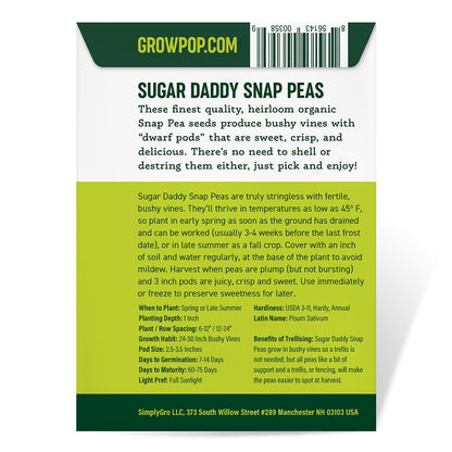 Purely Organic Sugar Daddy Snap Pea Seeds - USDA Organic, Non-GMO, Open Pollinated, Heirloom, USA Origin, Vegetable Seeds