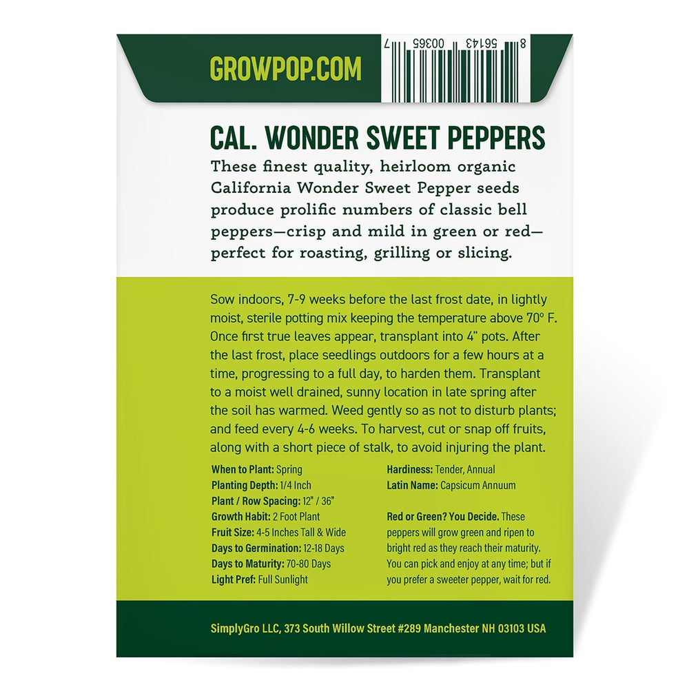 Purely Organic California Wonder Sweet Pepper Seeds - USDA Organic, Non-GMO, Open Pollinated, Heirloom, USA Origin, Vegetable Seeds