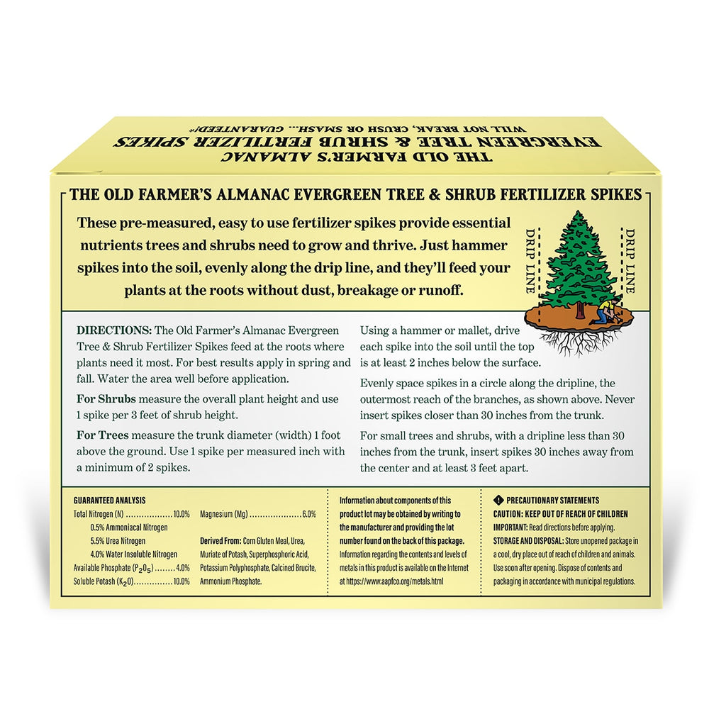 the old farmers almanac evergreen tree shrub spikes back label