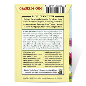 The Old Farmer's Almanac Bachelors Button Seeds - Premium Non-GMO, Open Pollinated, USA Origin, Flower Seeds