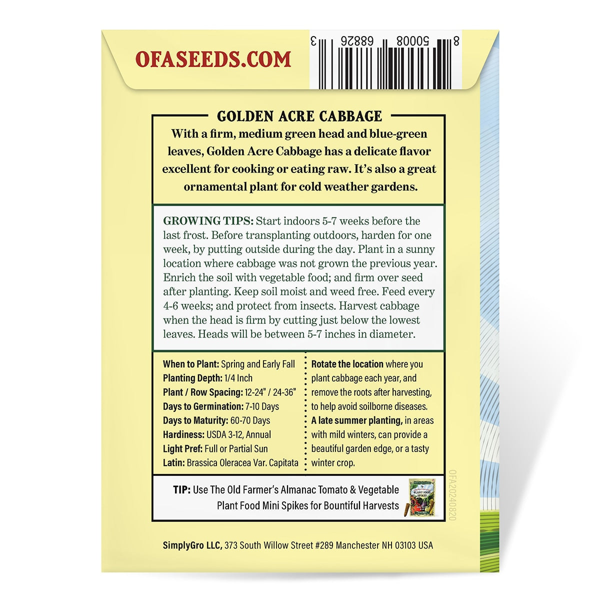 The Old Farmer's Almanac Heirloom Golden Acre Cabbage Seeds - Premium Non-GMO, Open Pollinated, USA Origin, Vegetable Seeds