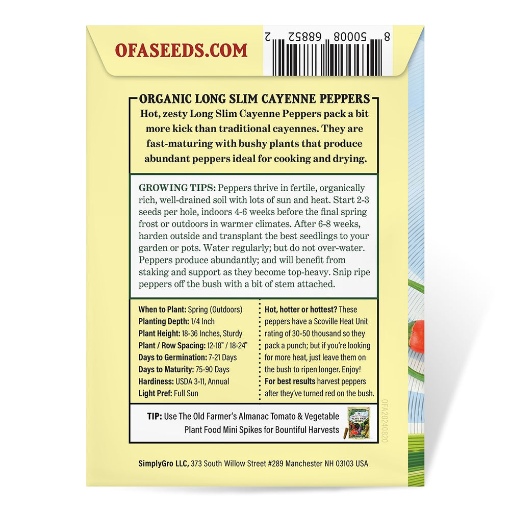 The Old Farmer's Almanac Organic Long Slim Cayenne Pepper Seeds - Premium Non-GMO, Open Pollinated, Heirloom, Vegetable Seeds