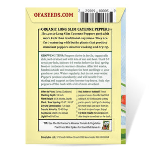 The Old Farmer's Almanac Organic Long Slim Cayenne Pepper Seeds - Premium Non-GMO, Open Pollinated, Heirloom, Vegetable Seeds