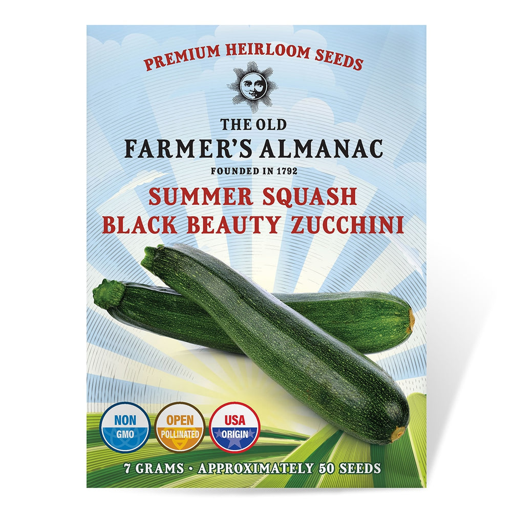 The Old Farmer's Almanac Heirloom Black Beauty Zucchini Summer Squash Seeds - Premium Non-GMO, Open Pollinated, USA Origin, Vegetable Seeds