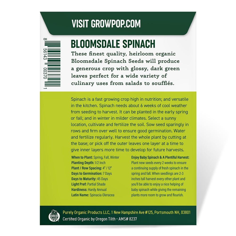 Purely Organic Bloomsdale Long Standing Spinach Seeds - USDA Organic, Non-GMO, Open Pollinated, Heirloom, USA Origin, Vegetable Seeds