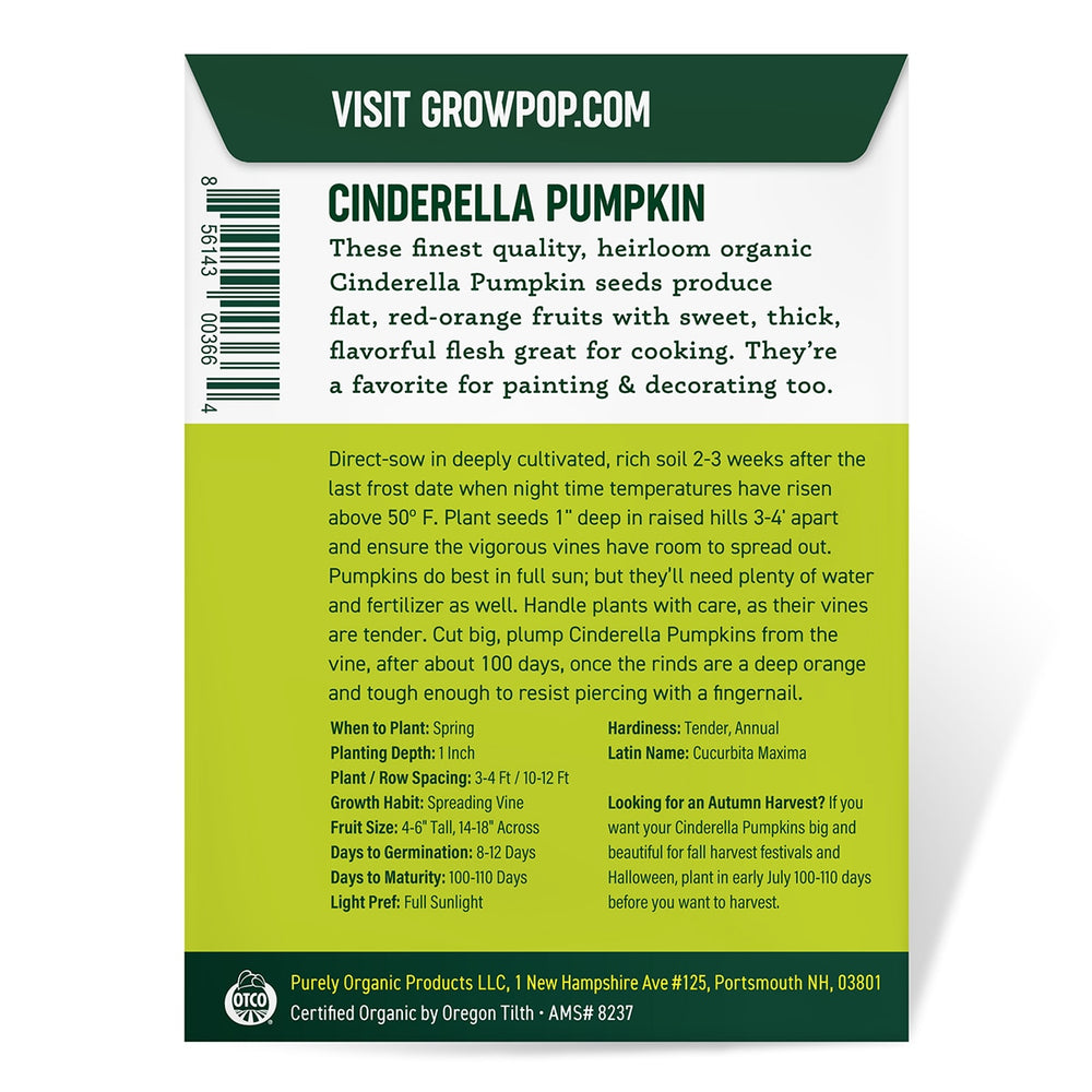 
                
                    Load image into Gallery viewer, Purely Organic Cinderella Pumpkin Seeds - USDA Organic, Non-GMO, Open Pollinated, Heirloom, USA Origin, Vegetable Seeds
                
            