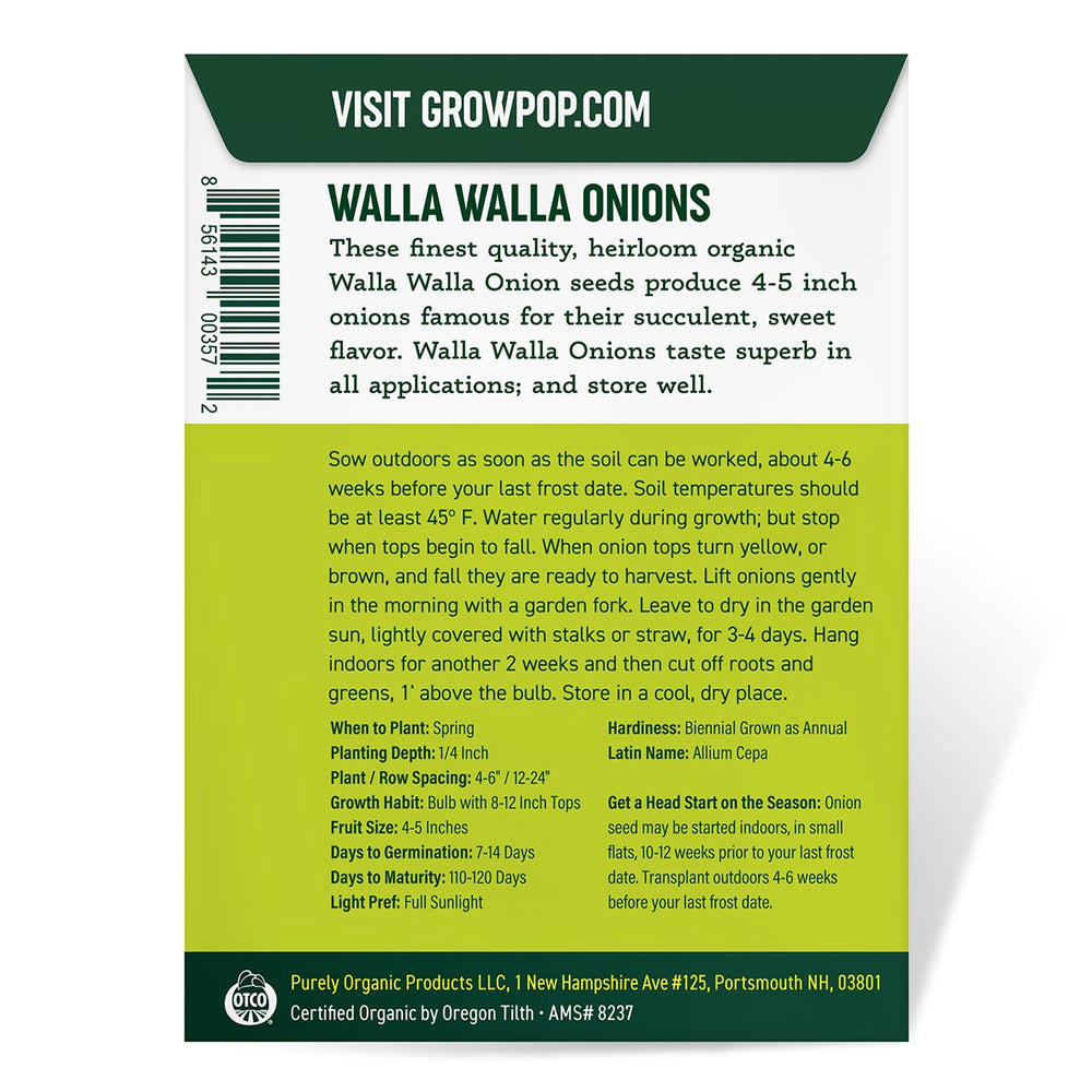 Purely Organic Walla Walla Onion Seeds - USDA Organic, Non-GMO, Open Pollinated, Heirloom, USA Origin, Vegetable Seeds