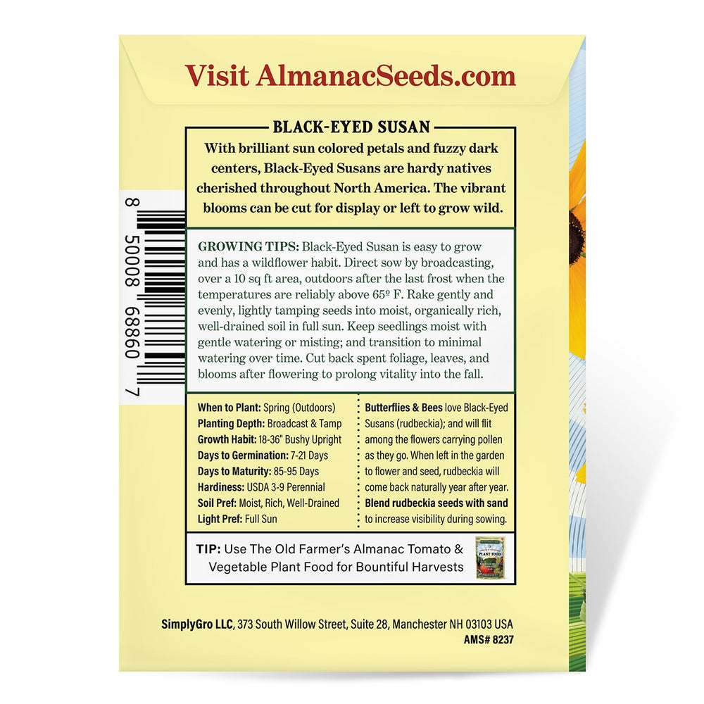 The Old Farmer's Almanac Rudbeckia Black Eyed Susan Seeds - Premium Non-GMO, Open Pollinated, USA Origin, Flower Seeds