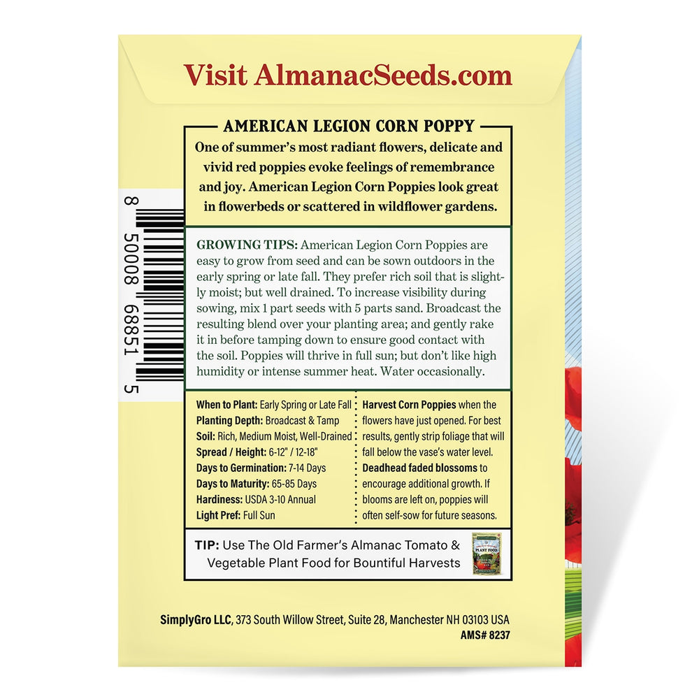 The Old Farmer's Almanac American Legion Corn Poppy Seeds - Premium Non-GMO, Open Pollinated, USA Origin, Flower Seeds