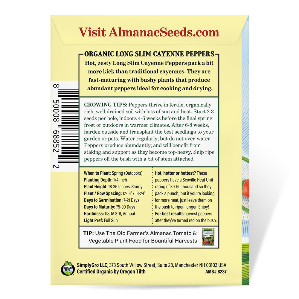 The Old Farmer's Almanac Organic Long Slim Cayenne Pepper Seeds - Premium Non-GMO, Open Pollinated, Heirloom, Vegetable Seeds